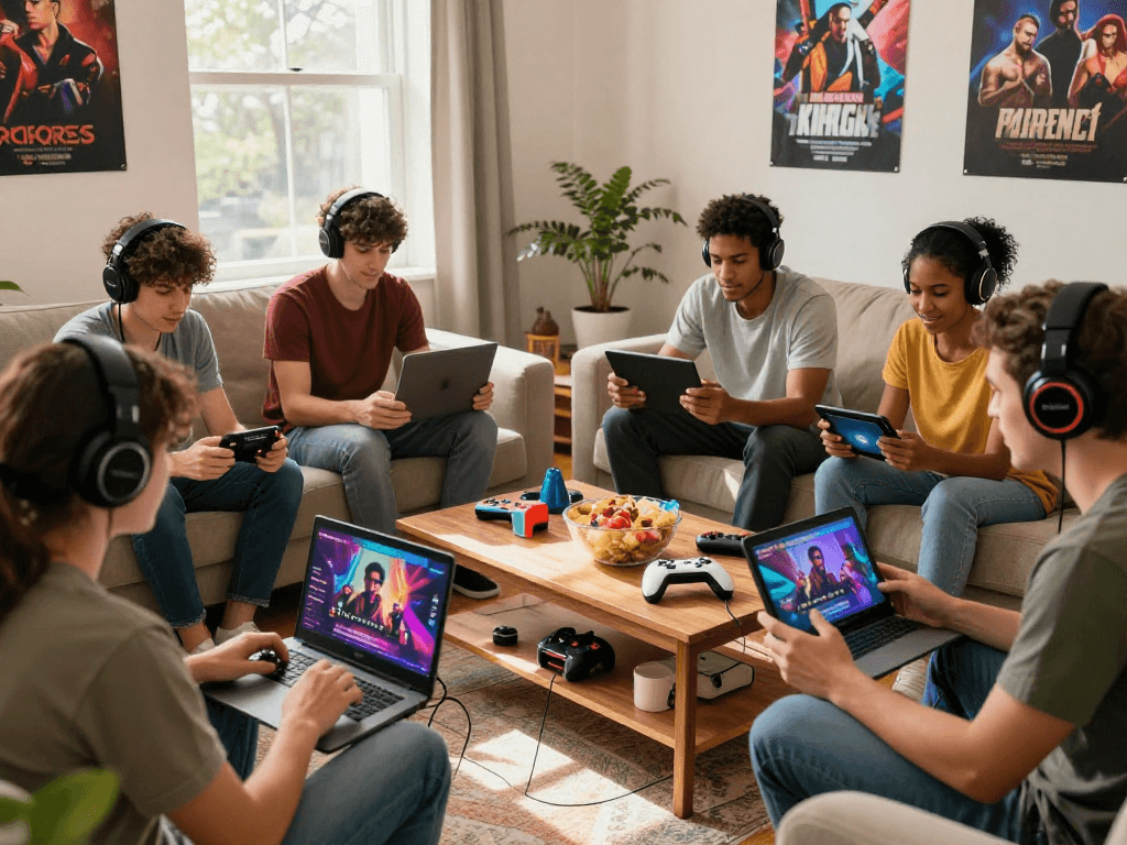 Adults enjoying engaging porn games in a lively home gaming setup