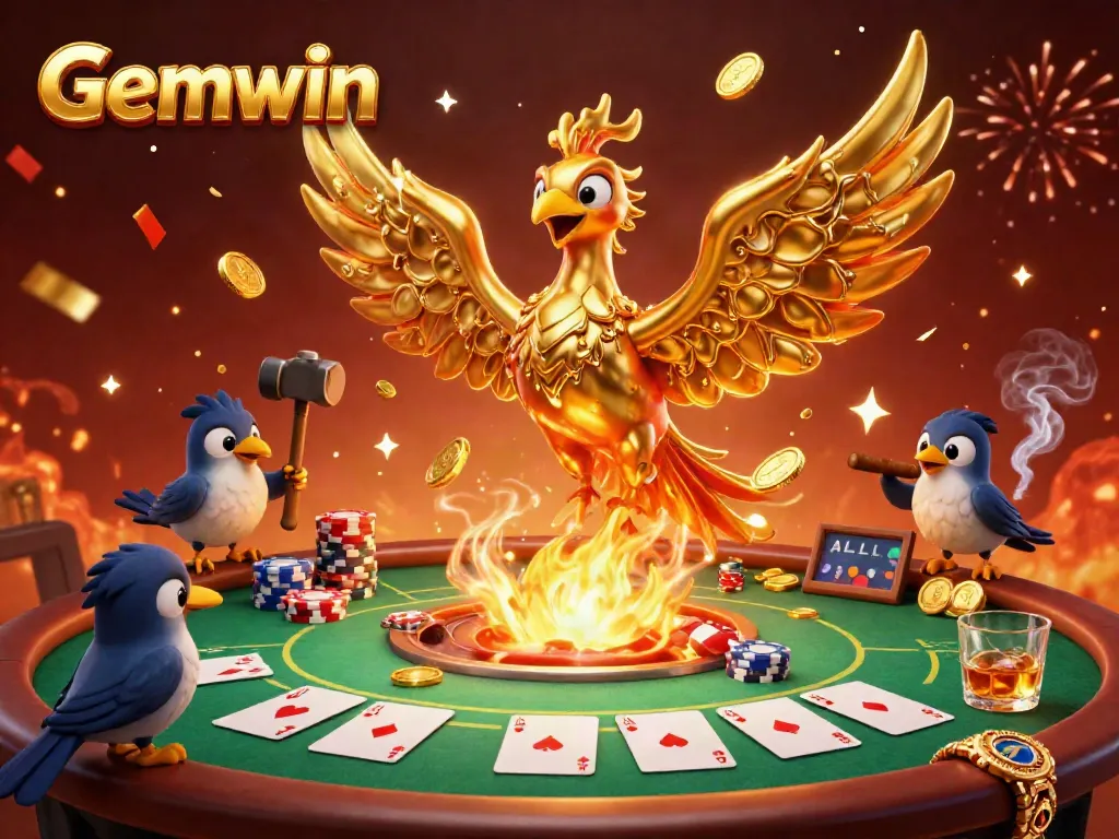 Engage in vibrant gaming action at Gemwin, featuring a fiery golden phoenix and dynamic poker elements.