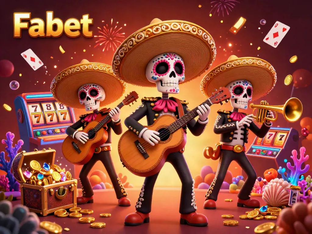 Engage with Fabet's exciting 3D casino illustration featuring a lively mariachi band amidst vibrant slot machines and gold coins.