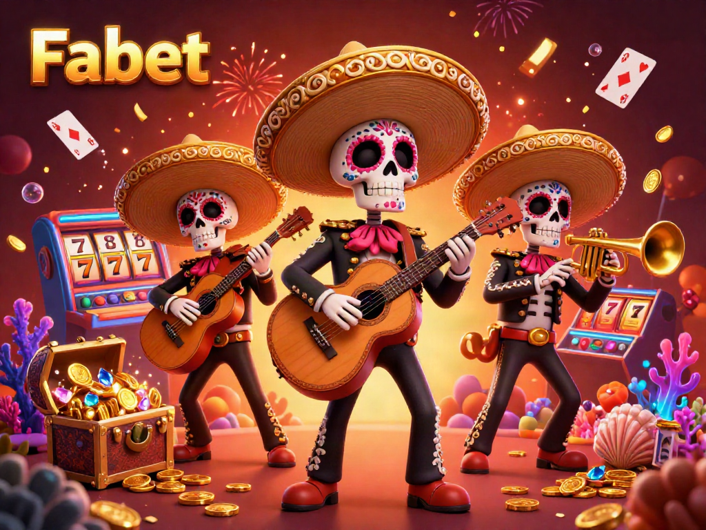 Engage with Fabet's exciting 3D casino illustration featuring a lively mariachi band amidst vibrant slot machines and gold coins.