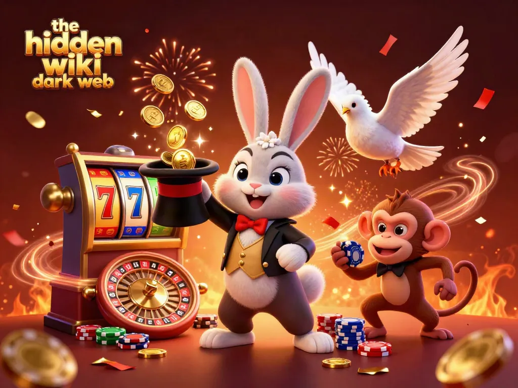 Experience the excitement of the hidden wiki dark web with a magical casino scene featuring a magician rabbit, dove, and monkey.