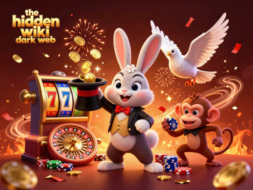 Experience the excitement of the hidden wiki dark web with a magical casino scene featuring a magician rabbit, dove, and monkey.