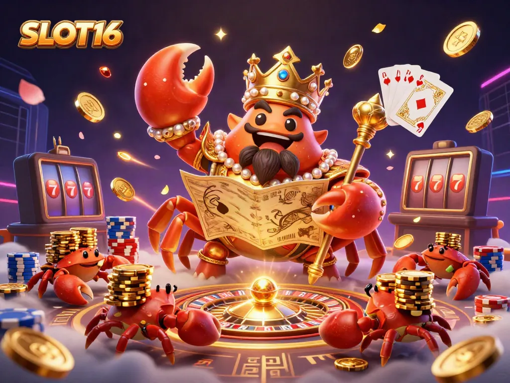 SLOT16 offers a vibrant casino adventure with a golden crab emperor and treasure in dynamic play.