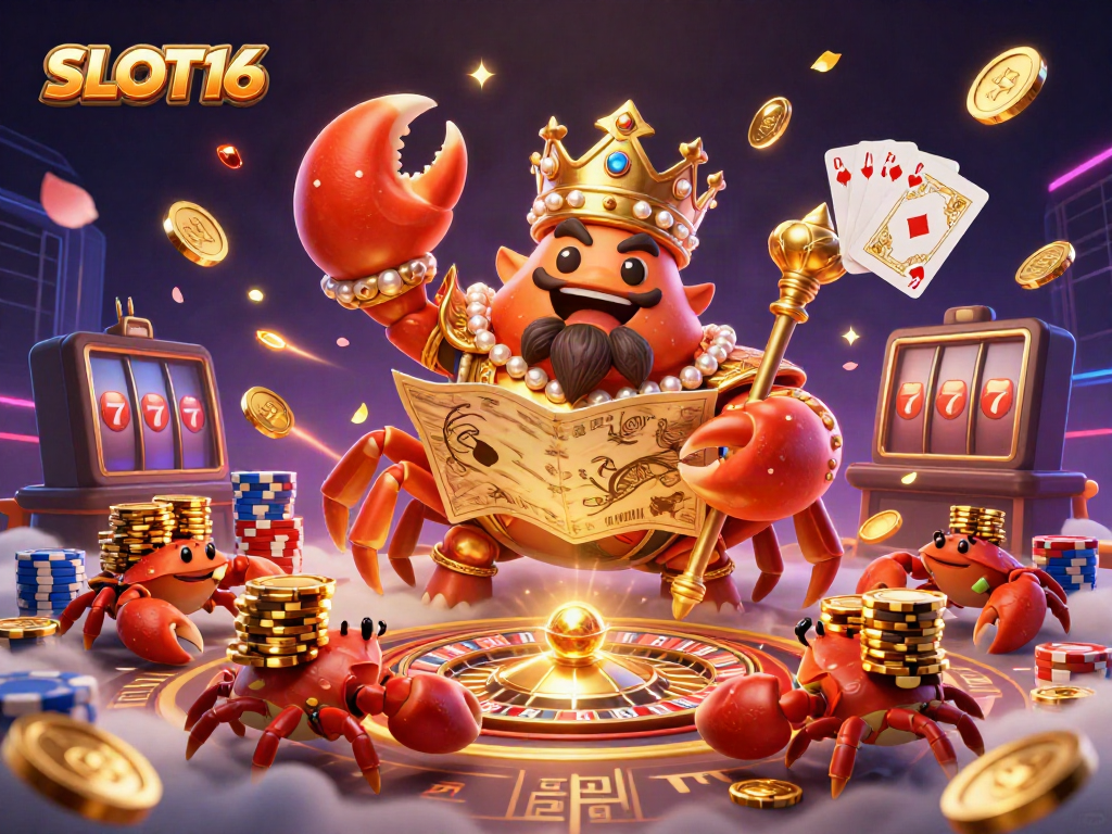 SLOT16 offers a vibrant casino adventure with a golden crab emperor and treasure in dynamic play.