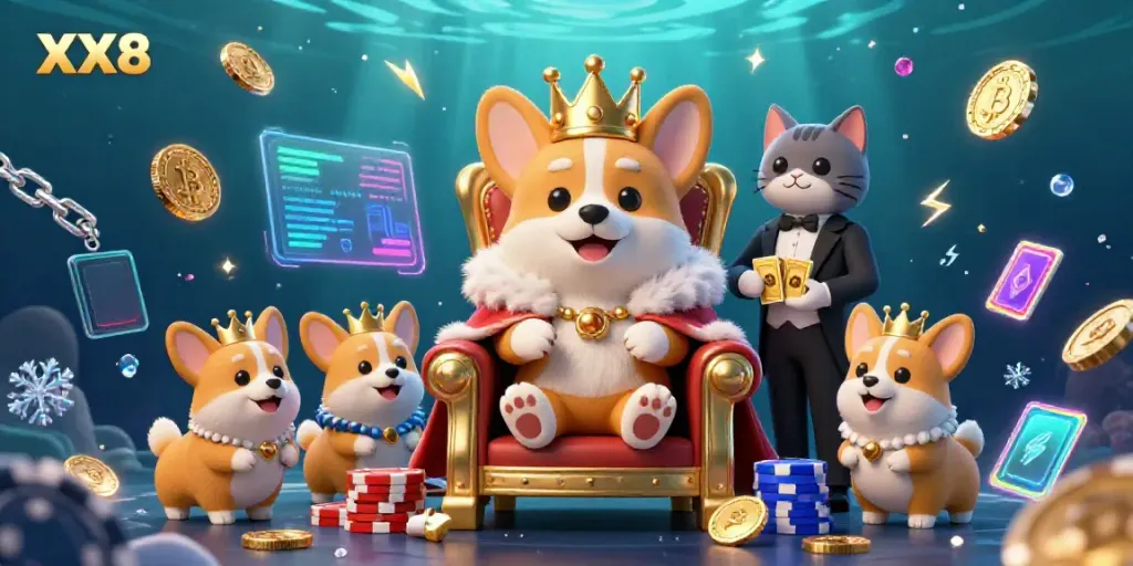 Experience the thrill of XX8 casino gaming with a vibrant scene featuring a royal corgi on a poker chip throne surrounded by crypto elements.