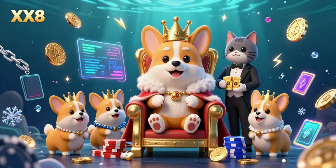 Experience the thrill of XX8 casino gaming with a vibrant scene featuring a royal corgi on a poker chip throne surrounded by crypto elements.