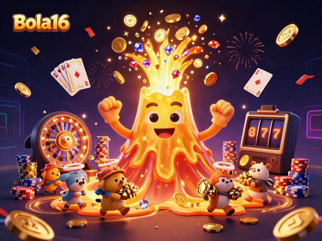 Bola16 captures an exciting casino scene of a triumphant volcano erupting gold and gems amidst playful explorer animals.