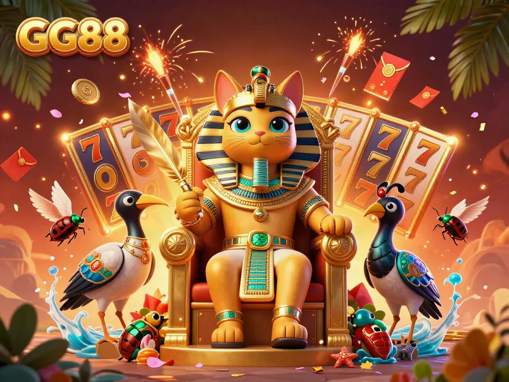 GG88 pharaoh cat and ibis scribe celebrate spins and jackpots in a luxurious casino-themed setting.