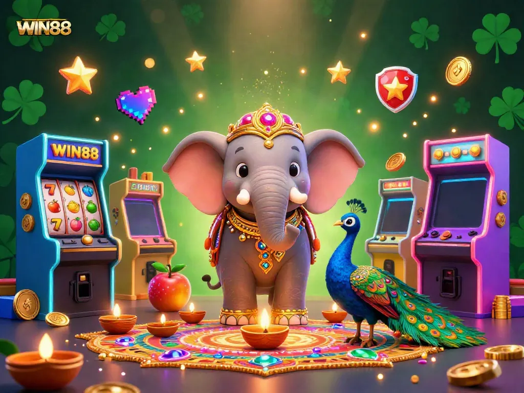 Experience the thrill of WIN88 slots with a vibrant 3D scene featuring an elephant and peacock amidst glowing casino elements.