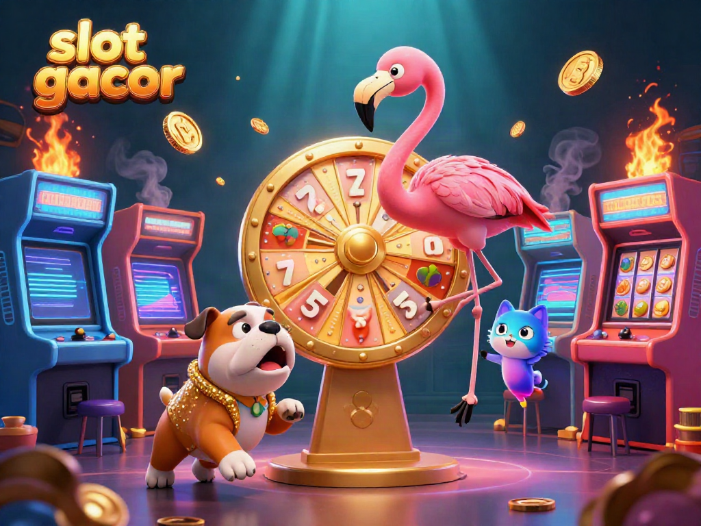 Engage in thrilling casino fun with slot gacor as a flamingo host spins a prize wheel!