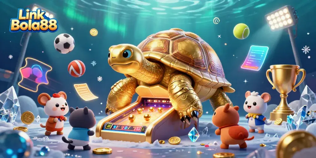 Experience the thrill of Link Bola88 with a vibrant 3D casino scene full of animated elements.