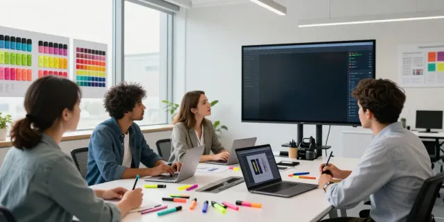 Highlighter manufacturer team collaborating on new product designs in a bright office.