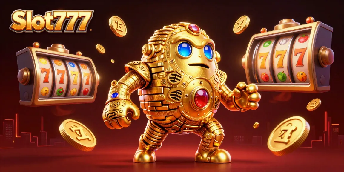 Experience thrilling Slot777 gameplay with a dynamic golden golem and vibrant slot machine elements.