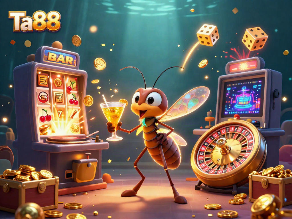 Experience the excitement of Ta88 with a dynamic casino scene, featuring cartoon characters and vibrant game elements.