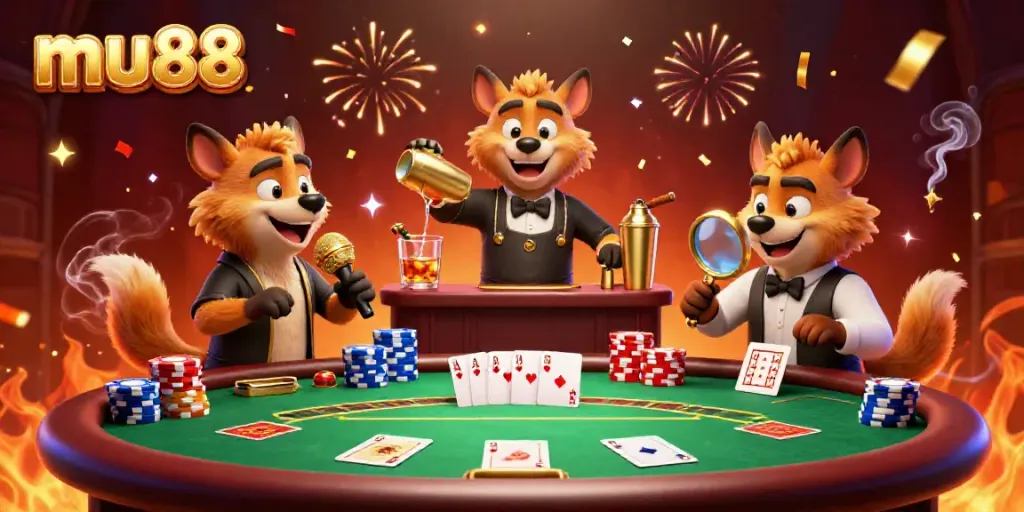 Experience the excitement at mu88's casino with hyenas hosting a comedy night, surrounded by poker elements.