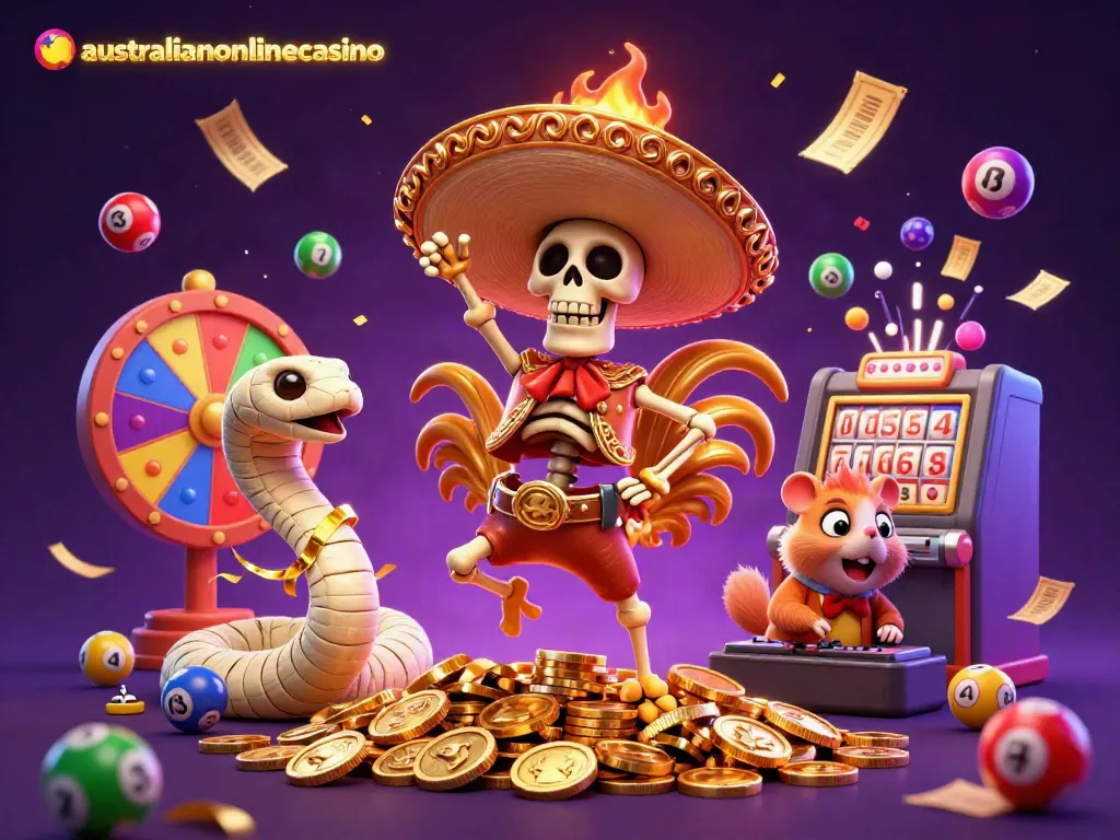 Experience exciting gaming action at australianonlinecasino with lively characters and vibrant casino elements.