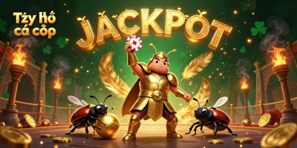 Experience Tỷ lệ cá cược with a victorious hercules beetle lifting a poker chip amidst a dynamic casino scene.