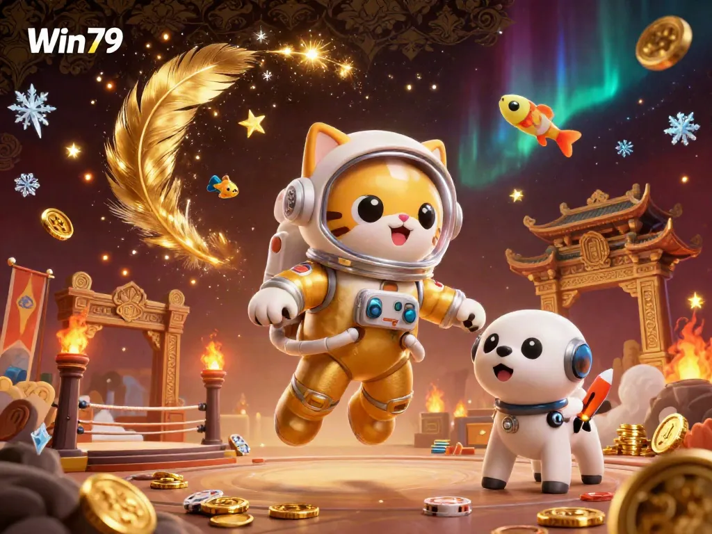 Engage with Win79's exciting universe featuring a cat astronaut and robot dog in a lively cosmic casino scene.
