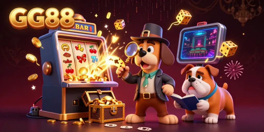 Win jackpots with GG88 in an exciting casino setting featuring cartoon detective characters and vibrant game elements.