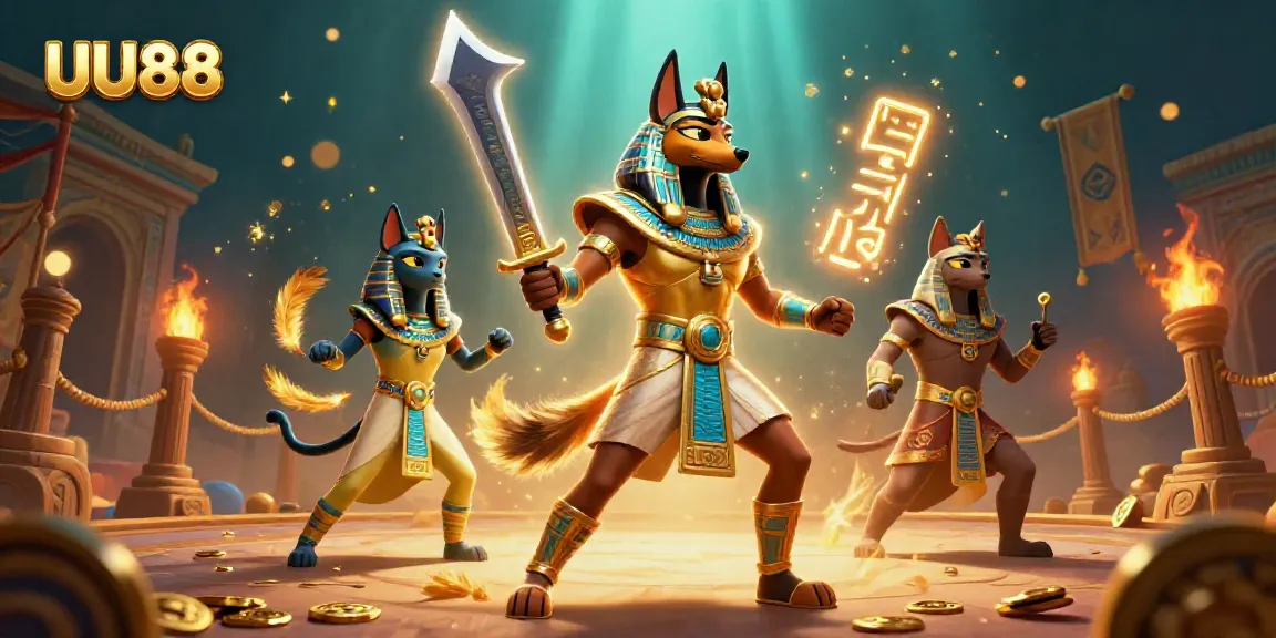 Engage with the thrilling world of UU88 featuring an ancient Egyptian warrior amidst golden coins and glowing hieroglyphs.