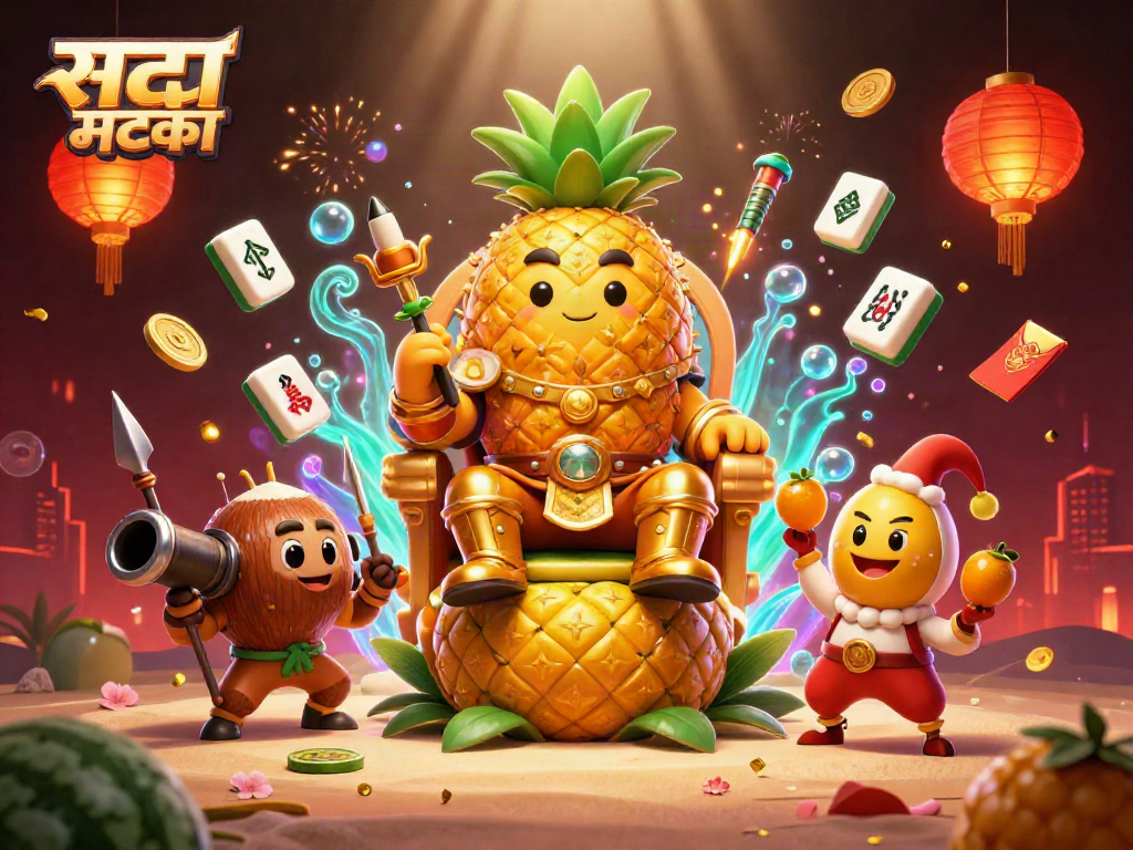 सट्टा मटका खेलते हुए 3D कैरन ग्राफिक जिसमें स्वर्णिम अनानास राजा और साथी शामिल हैं।