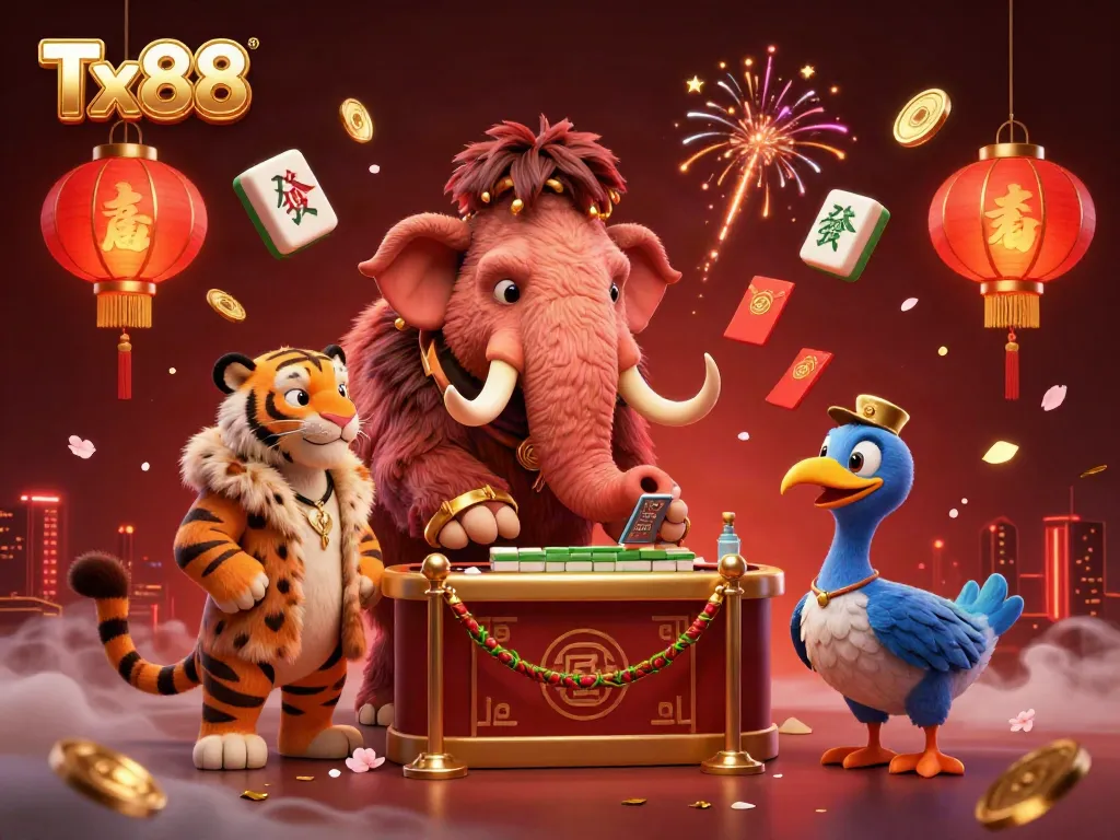 Tx88 welcomes players with a vibrant 3D casino scene featuring engaging characters and festive elements.