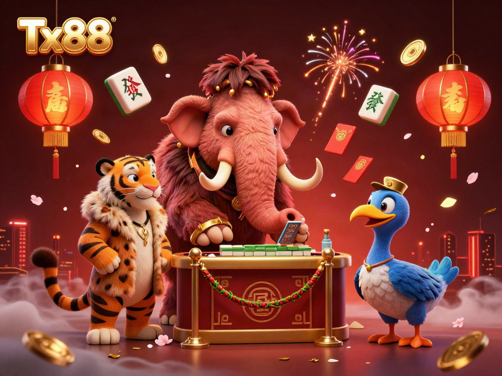 Tx88 welcomes players with a vibrant 3D casino scene featuring engaging characters and festive elements.