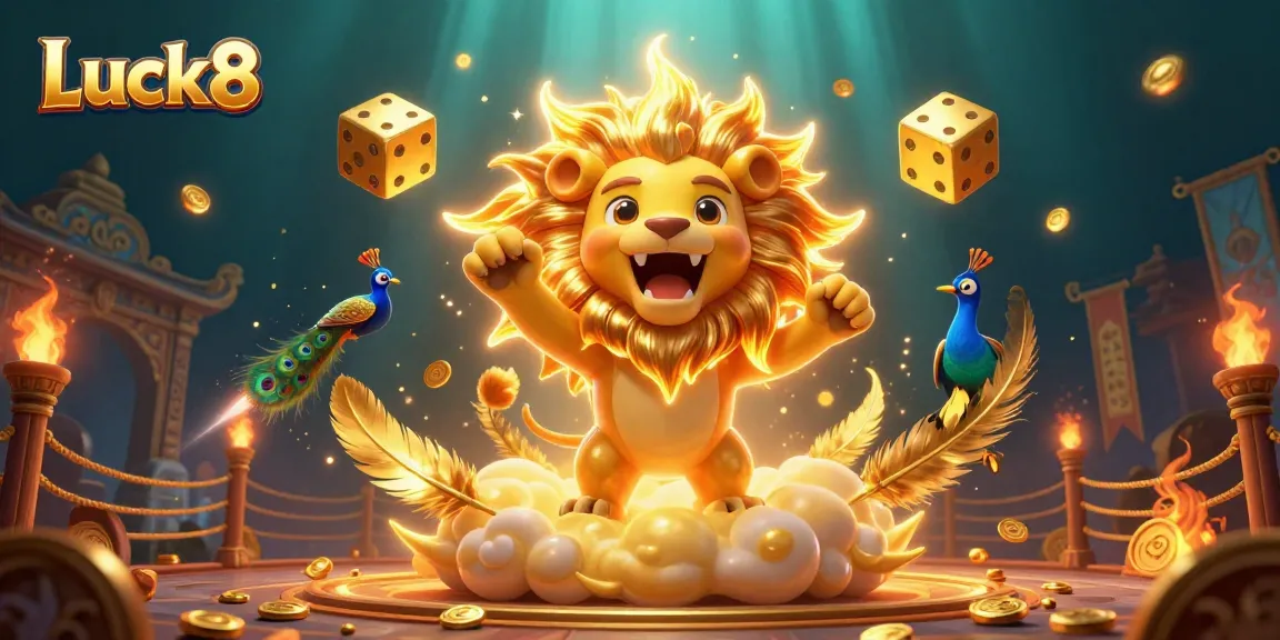 Experience the excitement of Luck8 with a majestic lion and golden dice in a vibrant casino scene.
