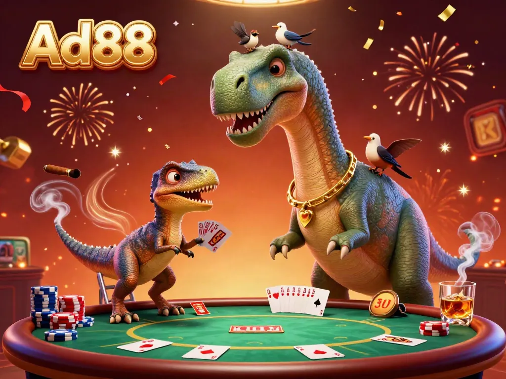 Experience thrilling gameplay at Ad88 with a giant brontosaurus observing a dynamic poker table scene.