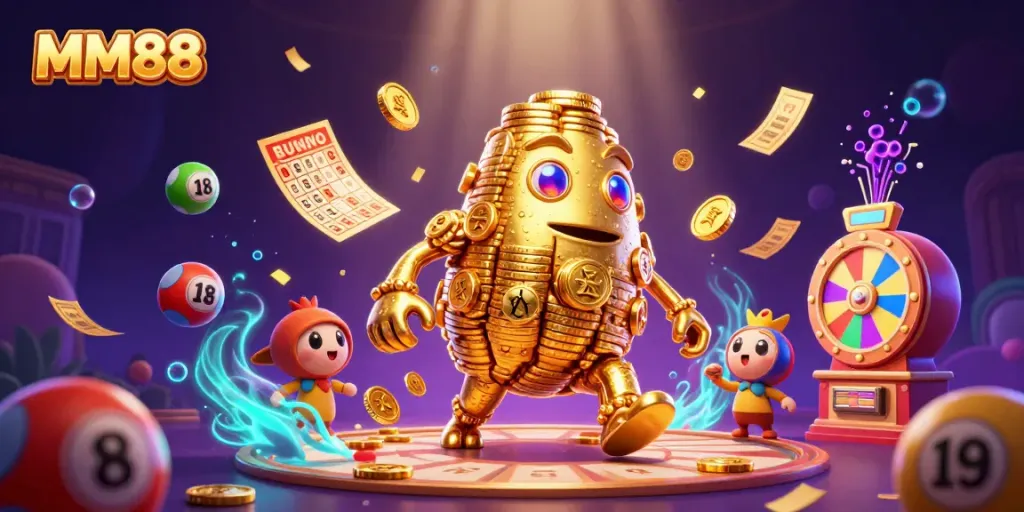 Experience thrilling MM88 gaming with a golden golem and vibrant casino elements.