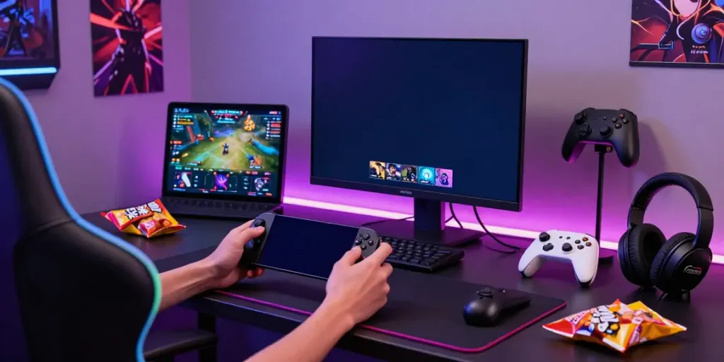 User engaging with mod APK gaming on smartphone in a stylish gaming setup.