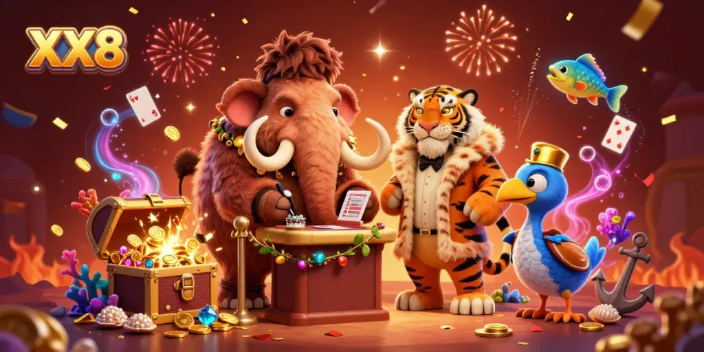 Experience the thrill of XX8 with a lively 3D illustration featuring a woolly mammoth bouncer and VIP guests.