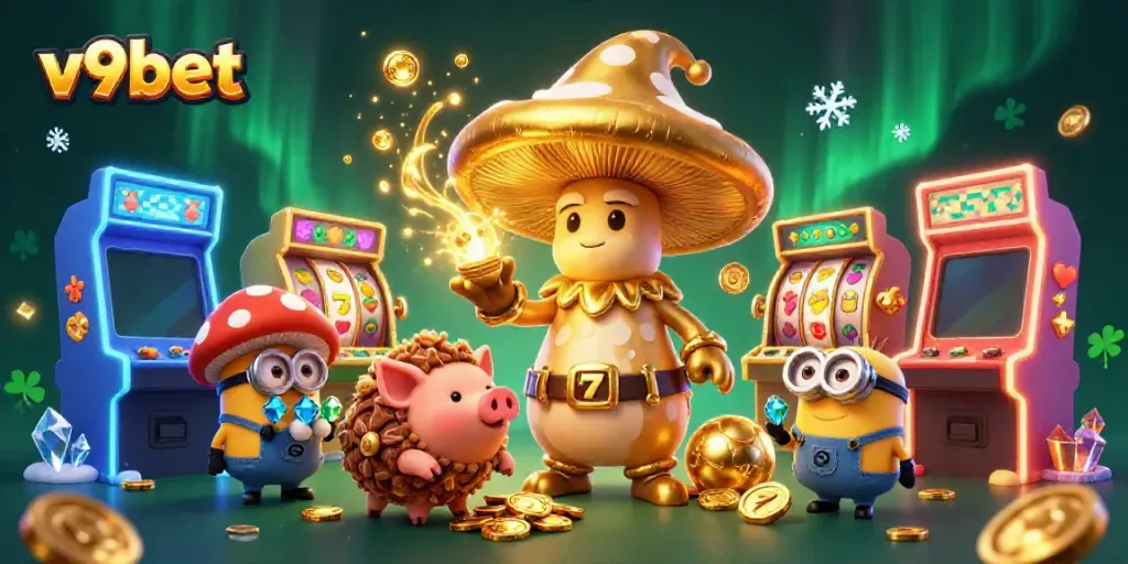 Experience thrilling slots and golden treasures at v9bet with fantastical characters in a dynamic casino scene.