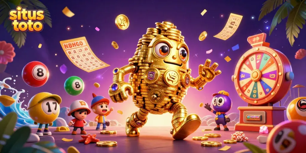 Engage with situs toto through an energetic 3D illustration showcasing a golden golem and vibrant lottery elements.