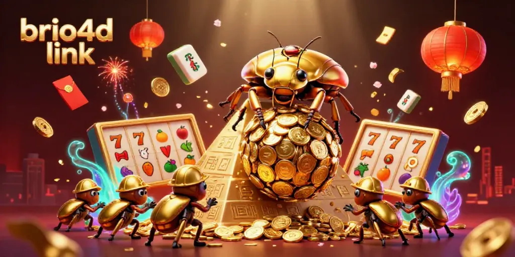 Experience thrilling gameplay with brio4d link as golden beetles roll coins up a stacked pyramid in a vibrant casino scene.