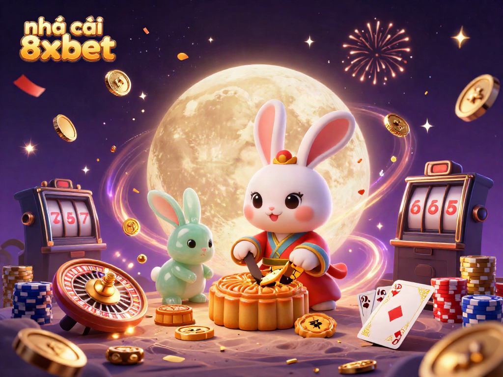 Engaging scene of nhà cái 8xbet featuring legendary moon rabbit and sparkling poker elements, ideal for online casino promotion.