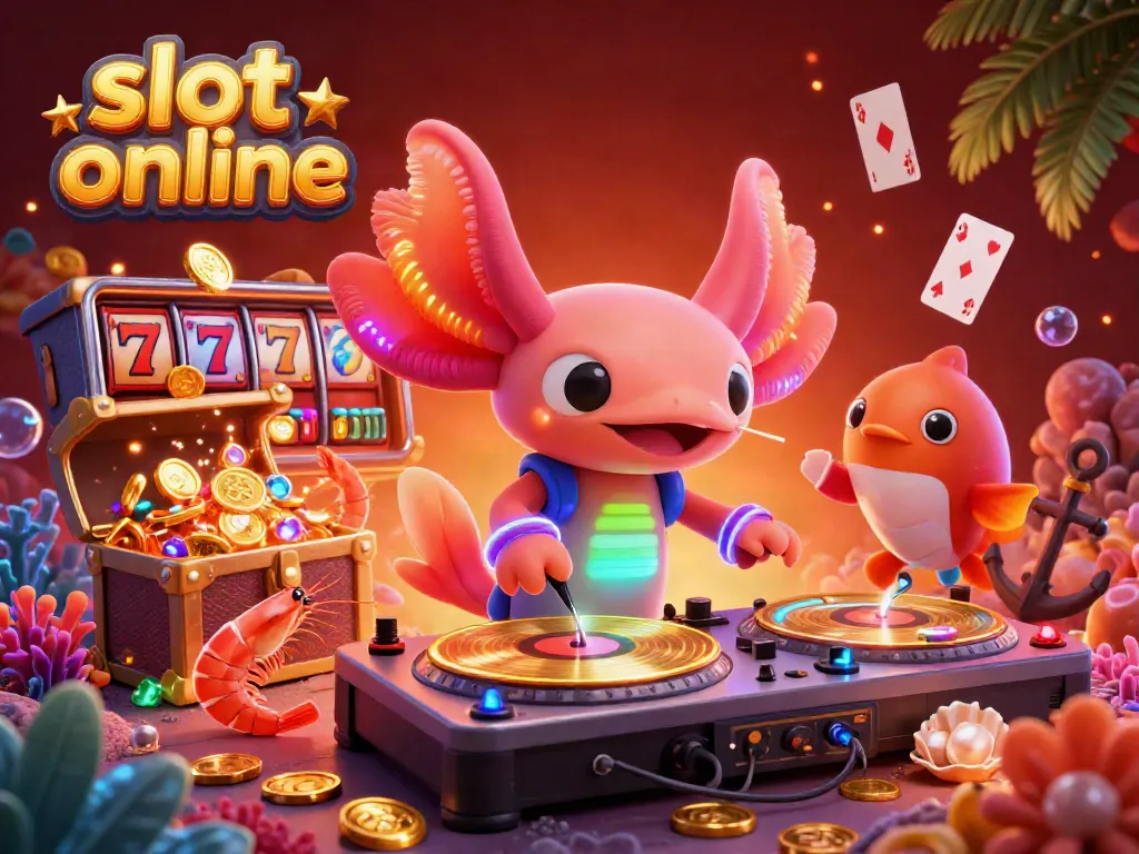Engaging scene of a neon axolotl DJ at a lively slot online game party with vibrant colors and jackpot elements.