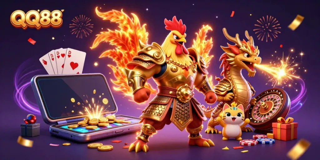 Experience the excitement of QQ88’s lively gaming scene with vibrant characters and casino elements.