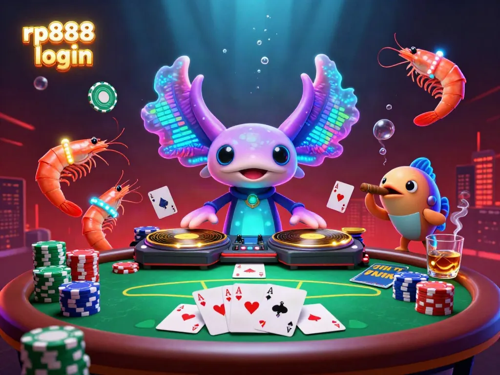 Engage with the rp888 login scene featuring vibrant casino action around a neon axolotl DJ.