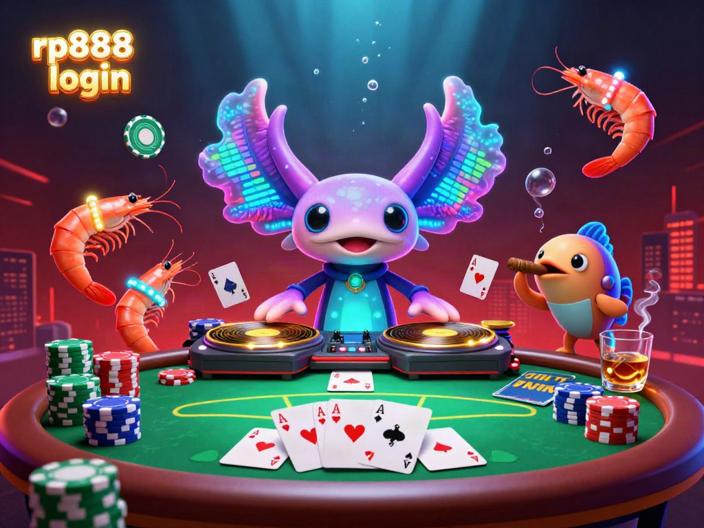 Engage with the rp888 login scene featuring vibrant casino action around a neon axolotl DJ.