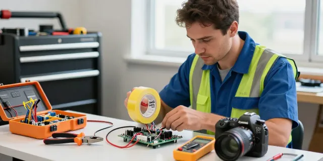 Electrician using Link Super33 tape for secure wiring in a bright workshop