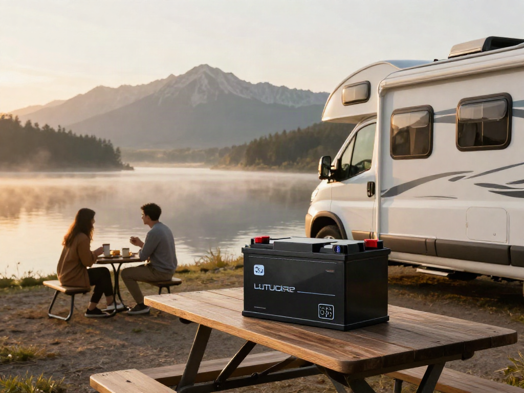 Couple enjoying coffee at RV campsite with lithium batteries for rv on table