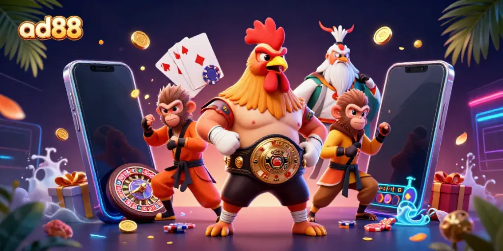 ad88 gaming scene featuring a Muay Thai rooster, martial artist monkey, and crane master surrounded by casino elements