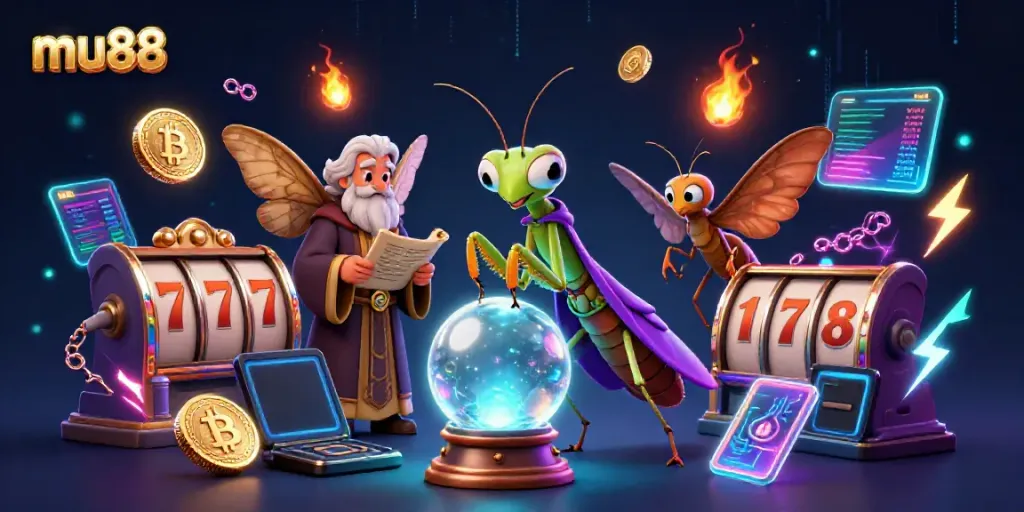 Engage with mu88's exciting gameplay illustrated by a colorful scene featuring a fortune teller, a librarian, and slot machines.