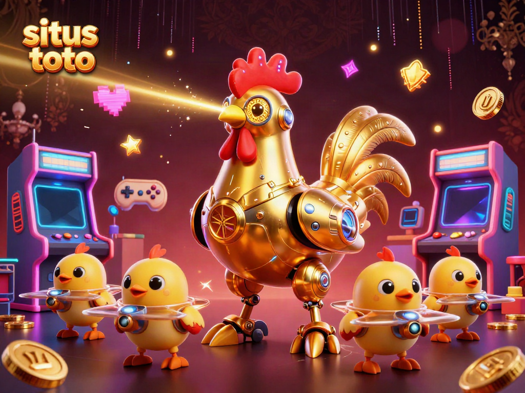 Engage with situs toto in a vibrant 3D casino universe featuring a golden rooster robot and arcade games.
