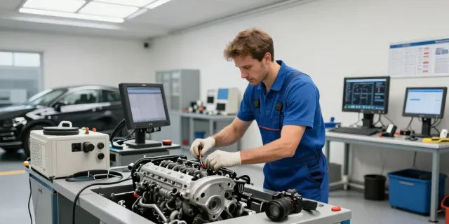 BMW werkstatt hannover with a technician working on an engine in a professional workshop.