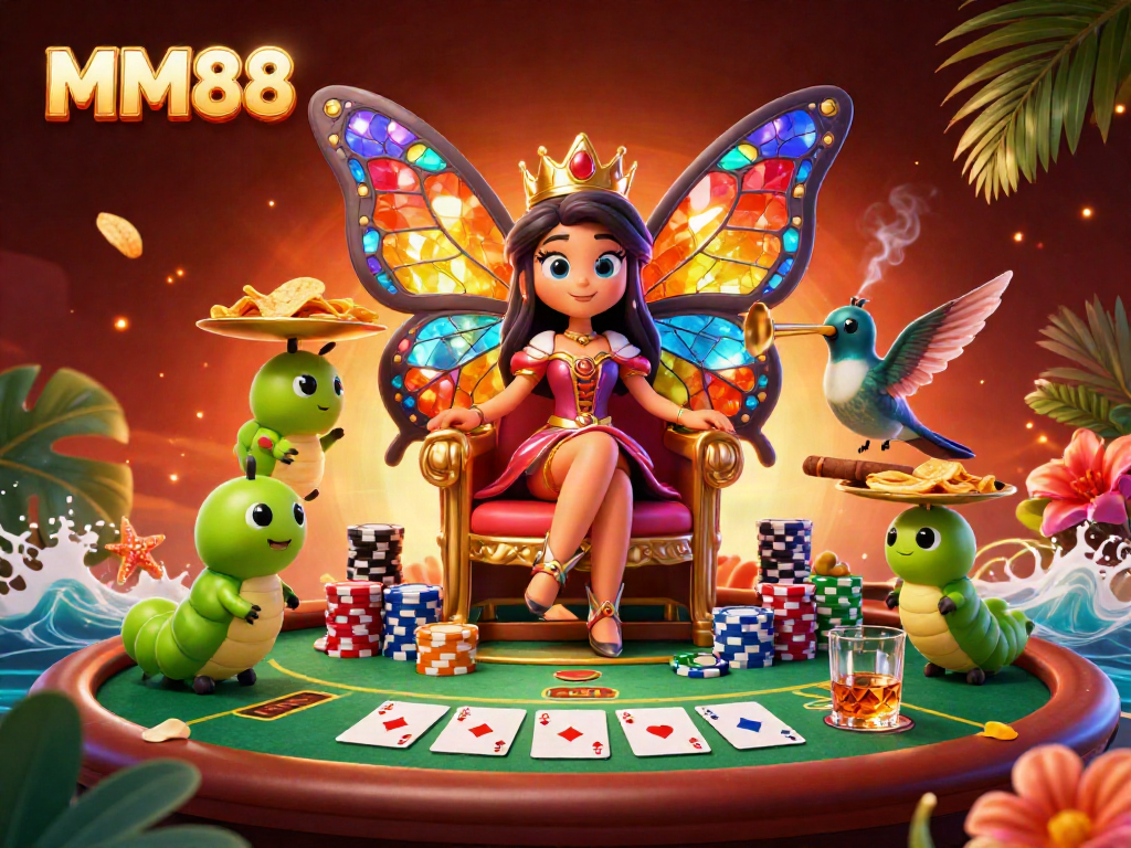 Experience exciting gameplay at MM88 with a vibrant casino illustration featuring dynamic poker elements and enchanting characters.