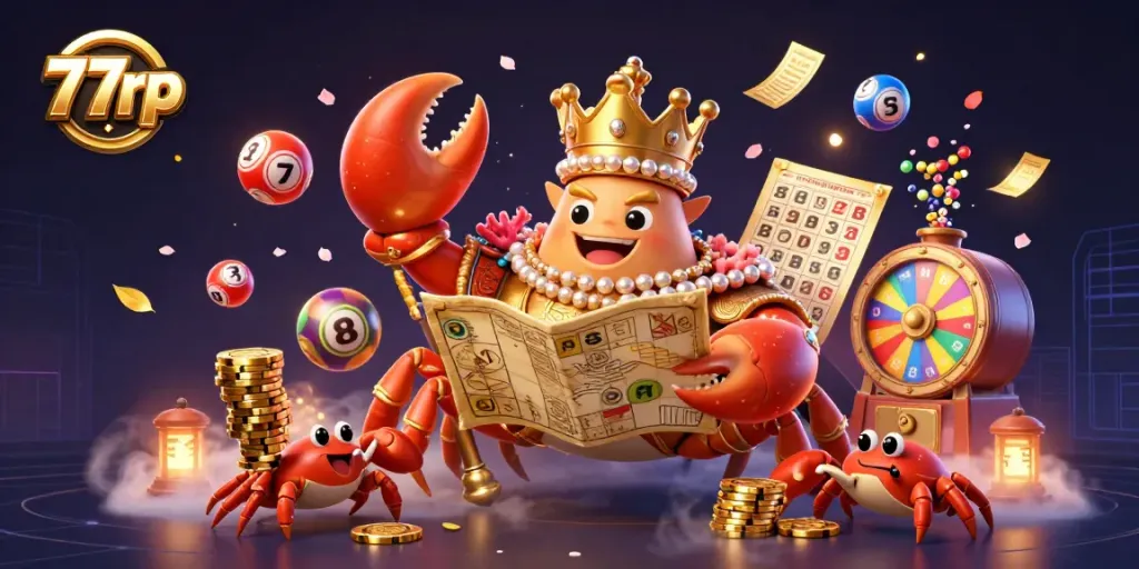 Engage in thrilling games with 77rp's vibrant illustration featuring a golden crab emperor and lottery elements.