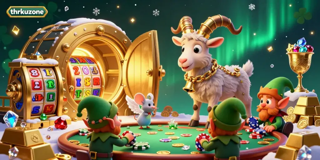 Experience thrilling gameplay with thrkuzone in a vibrant casino scene full of festive chaos and fun.
