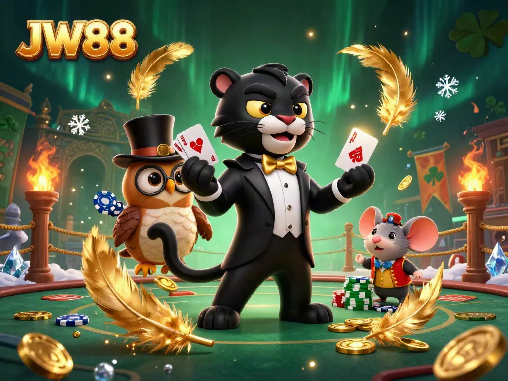 JW88 card dealer scene with a stylish black panther, owl, and mouse amidst casino excitement.